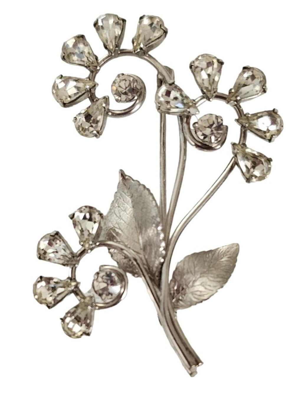 Krementz Silver Tone Clear Rhinestone Scroll Flower Brooch Pin, Signed L132